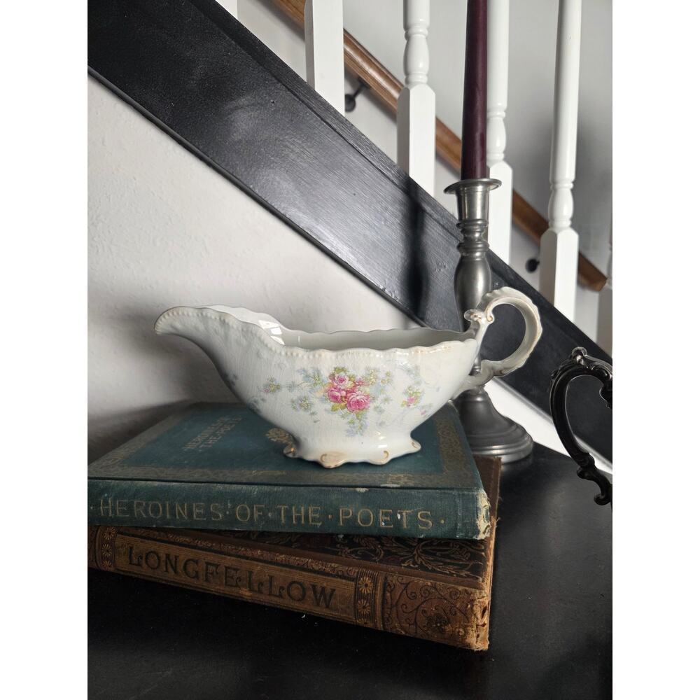 W.H. Grindley Kenwood Gravy Boat England Pink Floral China 1890s–1910s Antique
